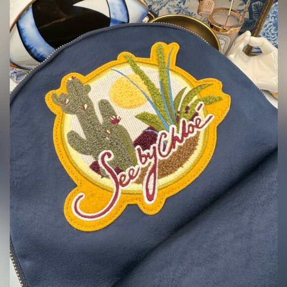🆕 SEE BY CHLOE 🧿 NWT Cactus and Logo-Embroidered Satin Backpack in Navy - Picture 14 of 15